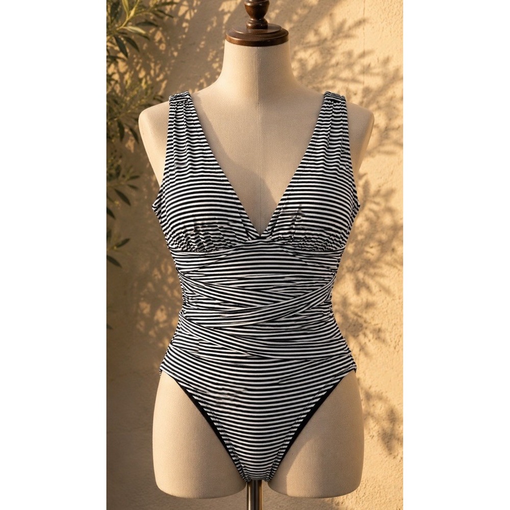 Garnet Hill One Piece Swimsuit Sz 6 Stripped Ruched Tummy Control Plunge V Neck